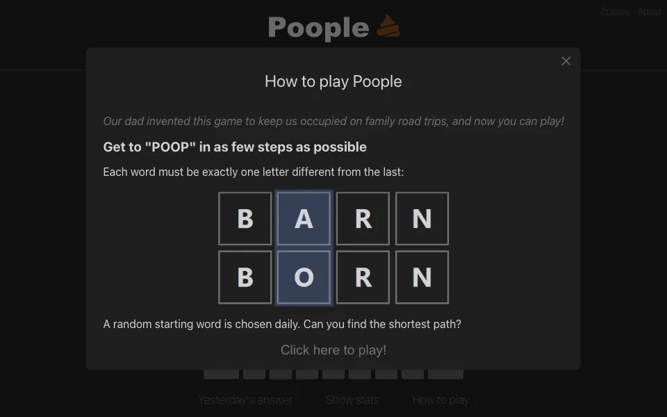 Poople's how-to-play screen showing BARN changing to BORN by swapping one letter